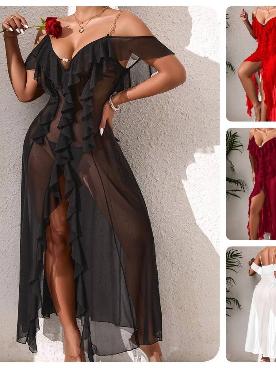 Solid Color Mesh Nightdress Wi - Mesh Strap Metal recension och pris