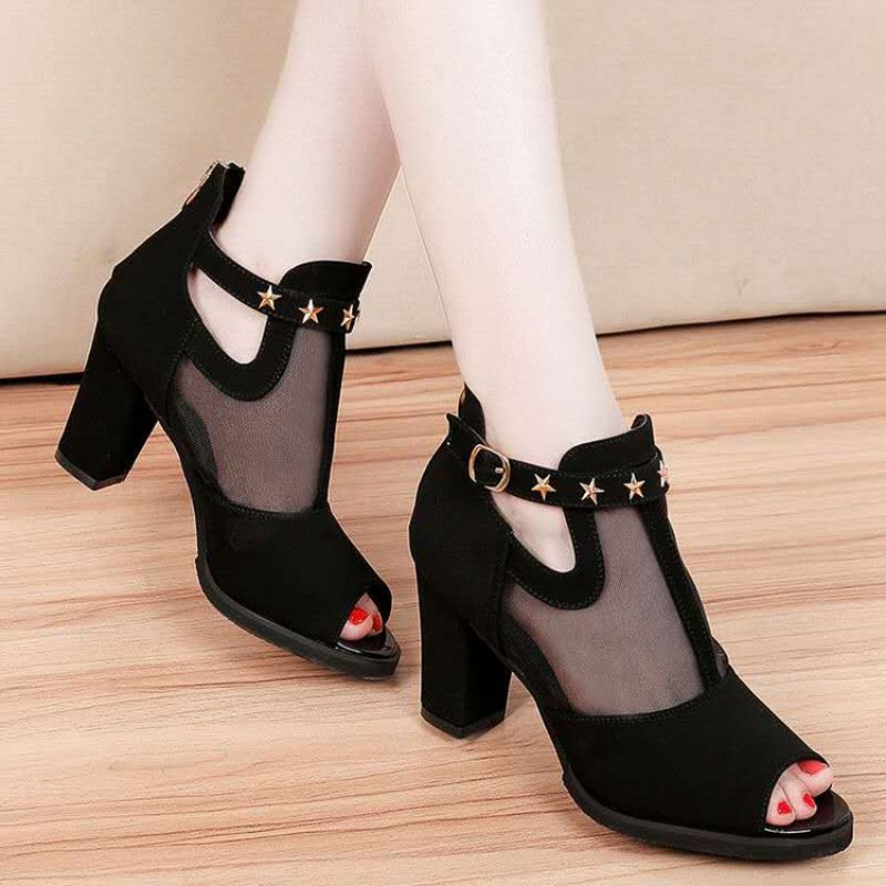 Mesh Peep Toe Block High Heels - Mesh Strap Metal recension och pris
