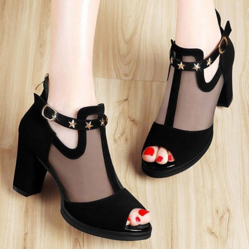 Mesh Peep Toe Block High Heels - Mesh Strap Metal recension och pris